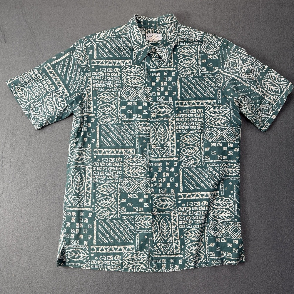 Tori Richard Hawaiian Shirt Mens L Blue VTG 90s Aloha Reverse Tribal Batik